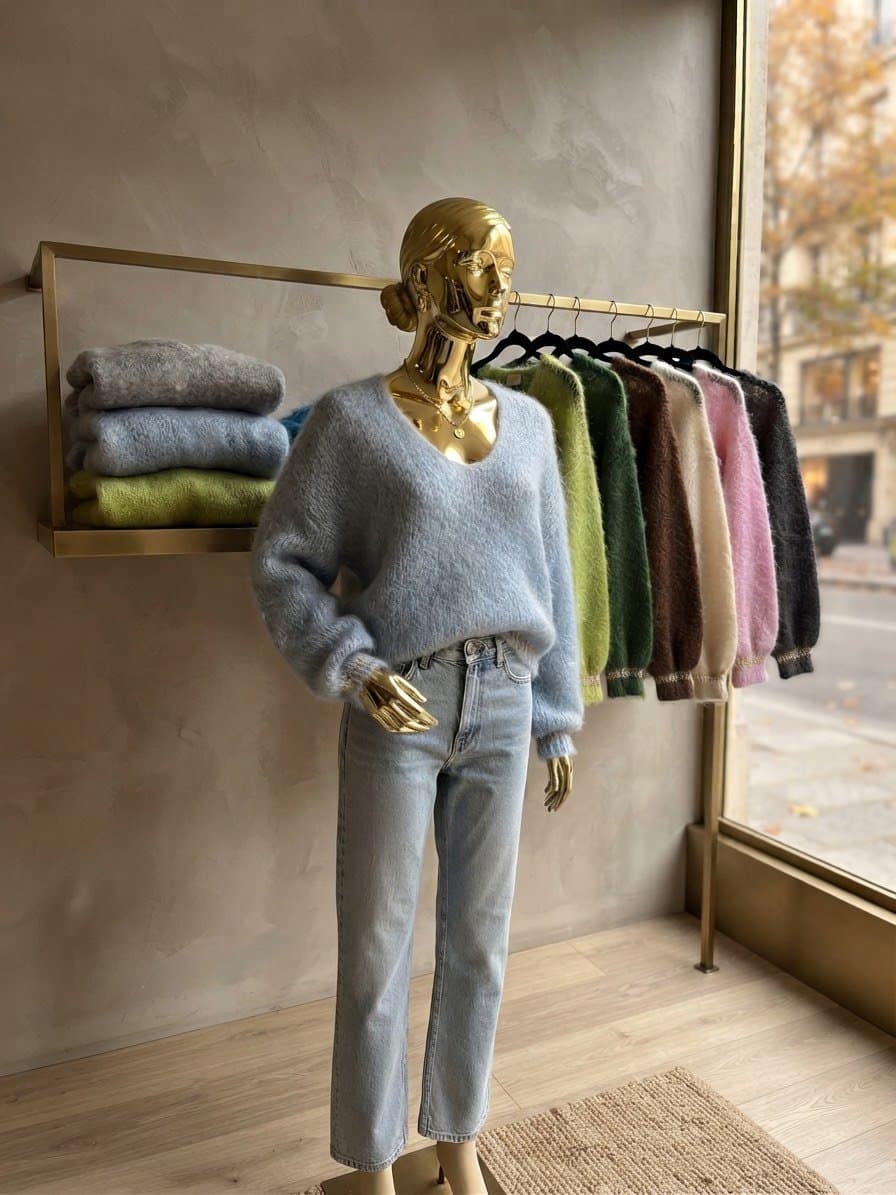 Jasnoniebieski sweter z moheru i jasne jeansy